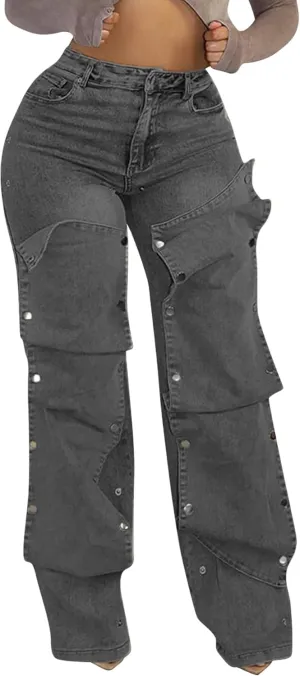 Tcremisa Women's Fashion Detachable Cargo Jeans High Waist Straight Leg Button Down Irregular Denim Pants Trousers