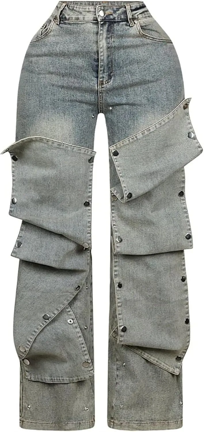 Tcremisa Women's Fashion Detachable Cargo Jeans High Waist Straight Leg Button Down Irregular Denim Pants Trousers