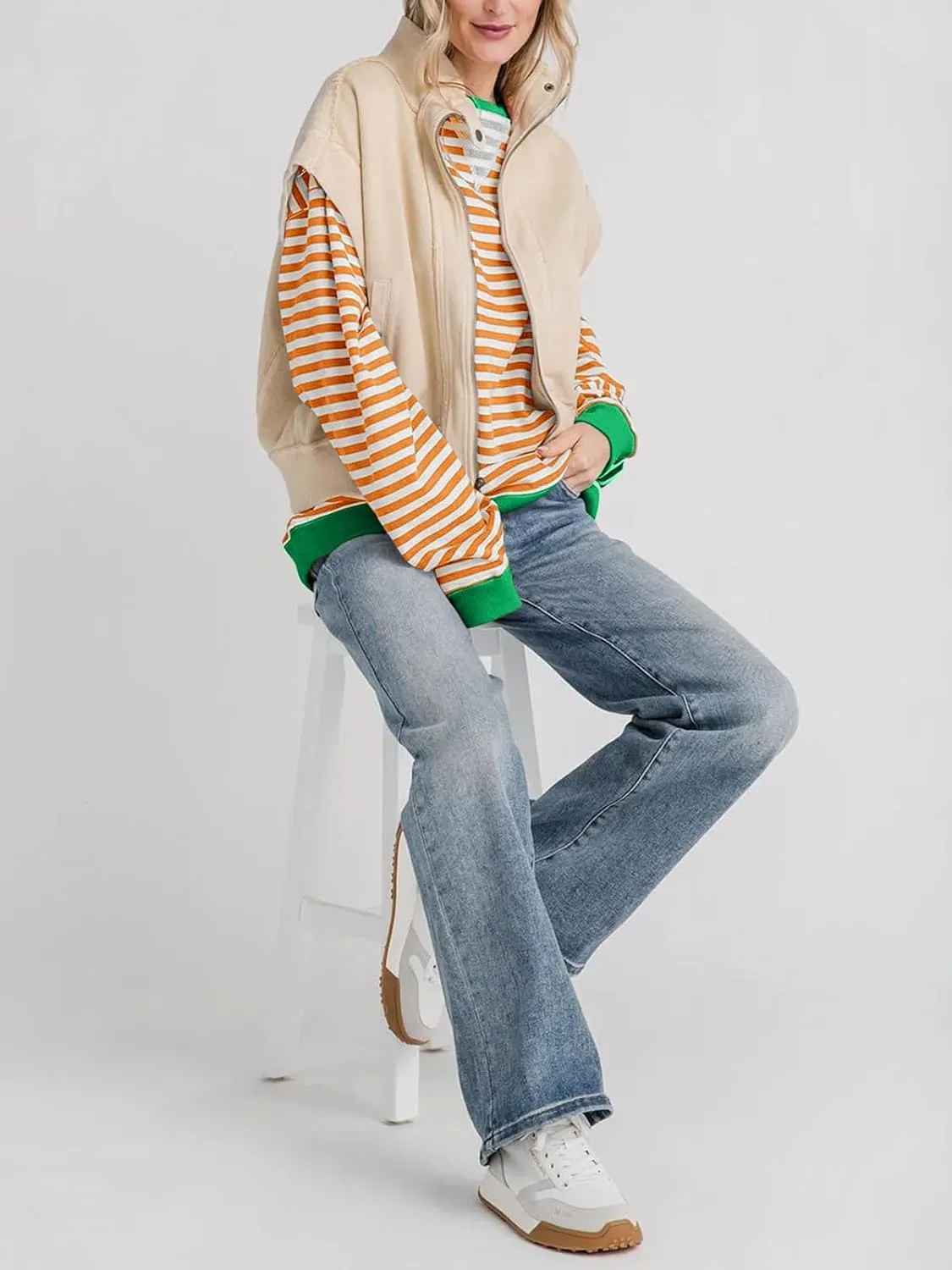 Thatrich Oversized Sweatshirts for Women Striped Crewneck Pullovers Casual Loose Long Sleeve Shirts Trendy Outfits for Fall
