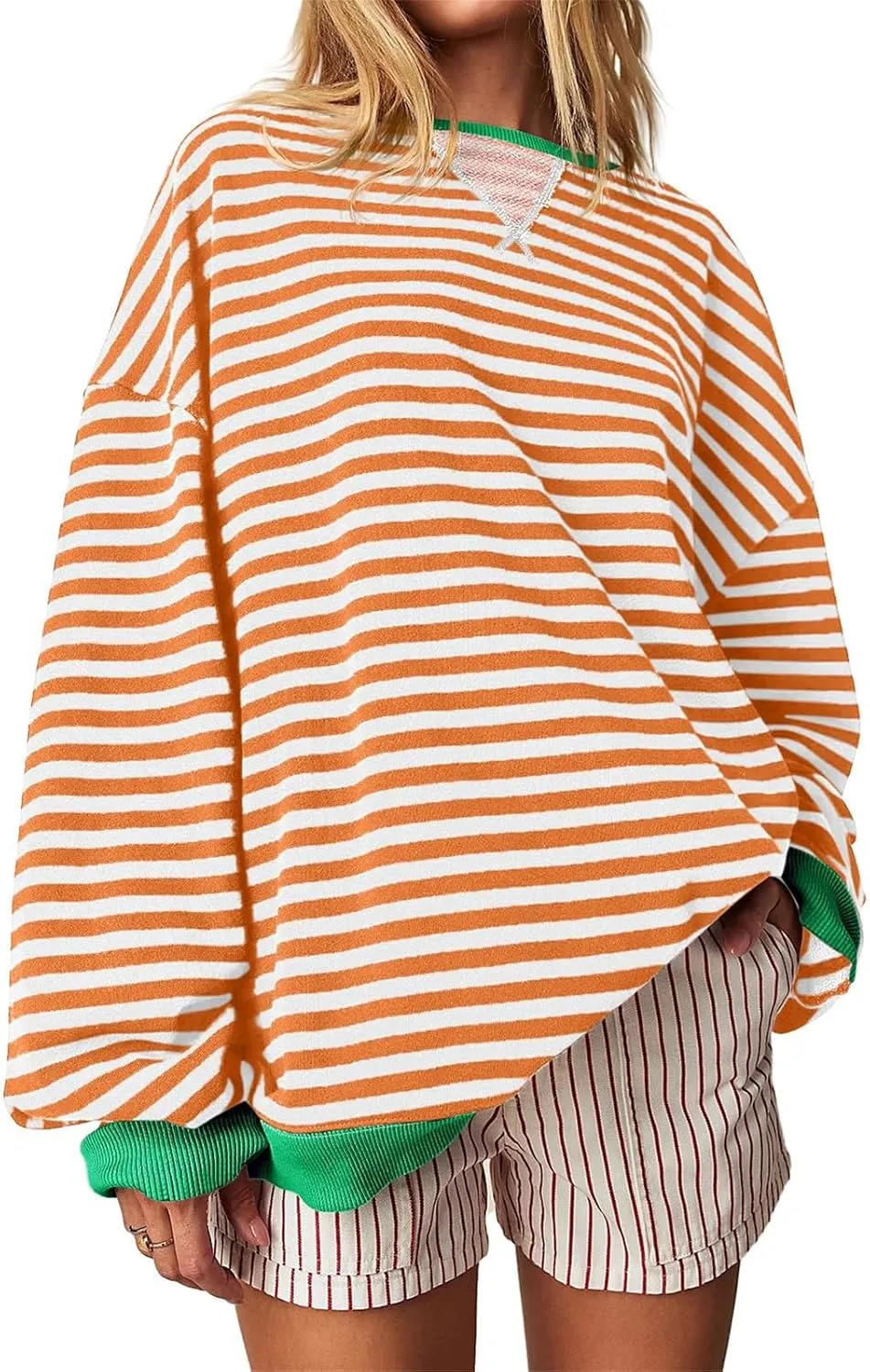 Thatrich Oversized Sweatshirts for Women Striped Crewneck Pullovers Casual Loose Long Sleeve Shirts Trendy Outfits for Fall