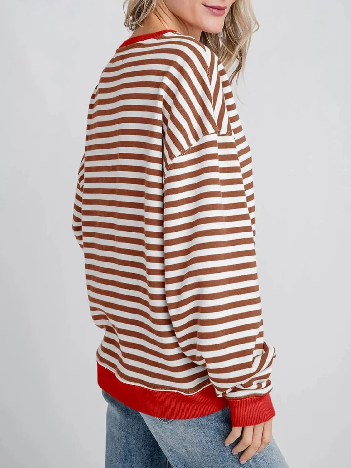 Thatrich Oversized Sweatshirts for Women Striped Crewneck Pullovers Casual Loose Long Sleeve Shirts Trendy Outfits for Fall