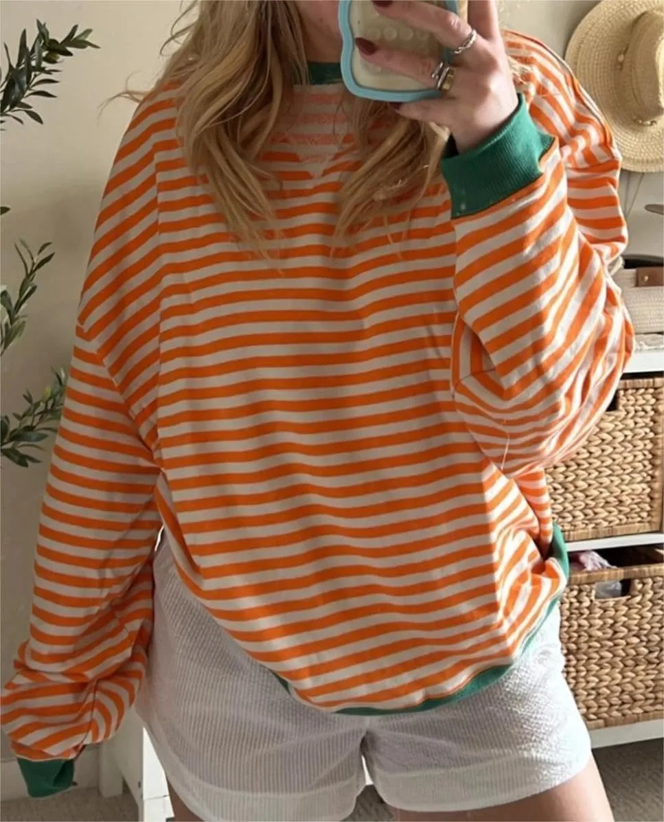 Thatrich Oversized Sweatshirts for Women Striped Crewneck Pullovers Casual Loose Long Sleeve Shirts Trendy Outfits for Fall