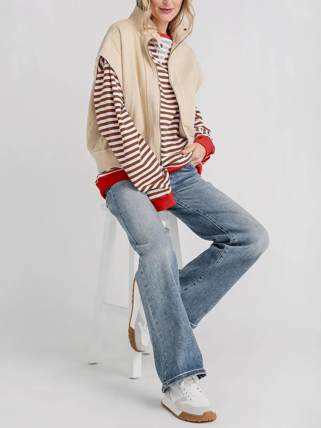 Thatrich Oversized Sweatshirts for Women Striped Crewneck Pullovers Casual Loose Long Sleeve Shirts Trendy Outfits for Fall