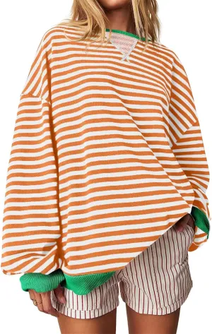 Thatrich Oversized Sweatshirts for Women Striped Crewneck Pullovers Casual Loose Long Sleeve Shirts Trendy Outfits for Fall