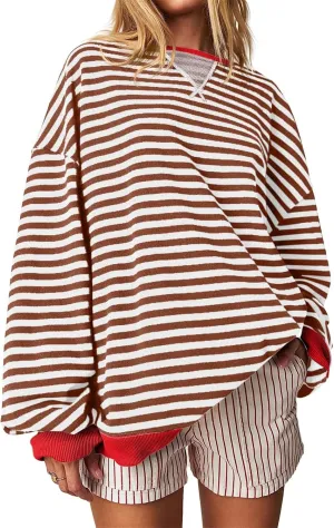 Thatrich Oversized Sweatshirts for Women Striped Crewneck Pullovers Casual Loose Long Sleeve Shirts Trendy Outfits for Fall