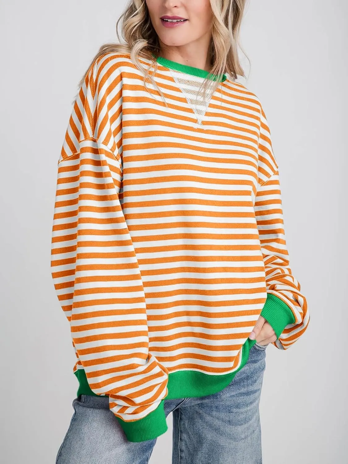 Thatrich Oversized Sweatshirts for Women Striped Crewneck Pullovers Casual Loose Long Sleeve Shirts Trendy Outfits for Fall