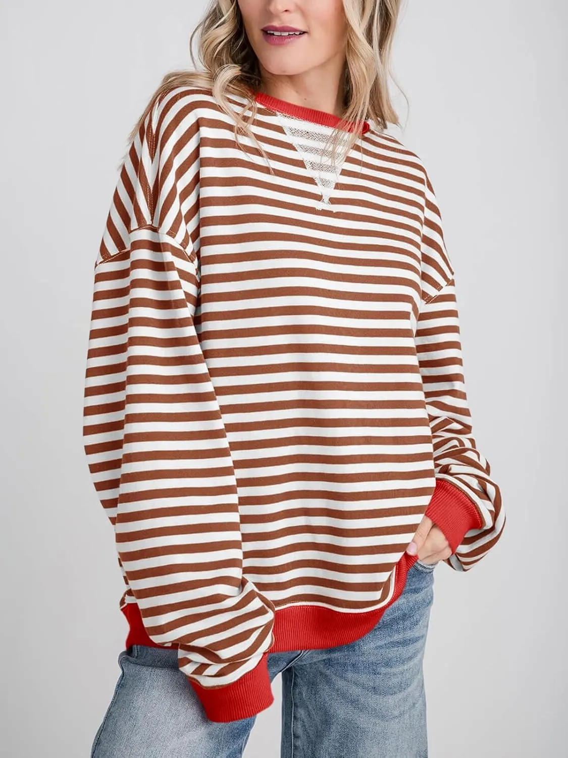 Thatrich Oversized Sweatshirts for Women Striped Crewneck Pullovers Casual Loose Long Sleeve Shirts Trendy Outfits for Fall