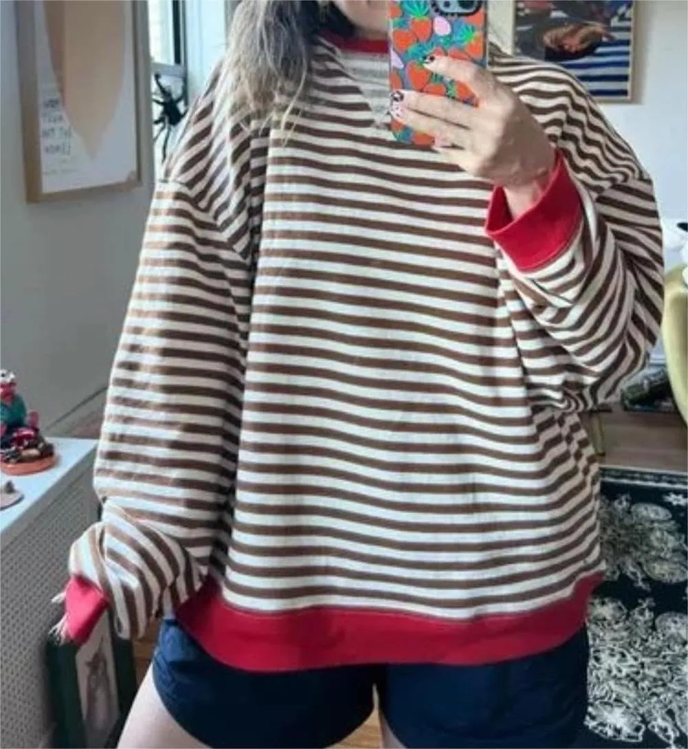Thatrich Oversized Sweatshirts for Women Striped Crewneck Pullovers Casual Loose Long Sleeve Shirts Trendy Outfits for Fall