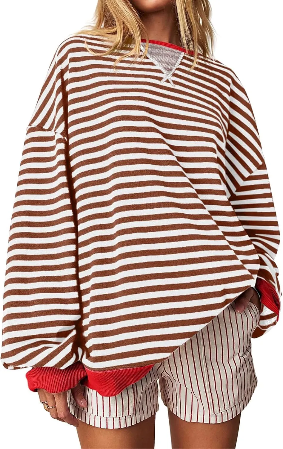 Thatrich Oversized Sweatshirts for Women Striped Crewneck Pullovers Casual Loose Long Sleeve Shirts Trendy Outfits for Fall