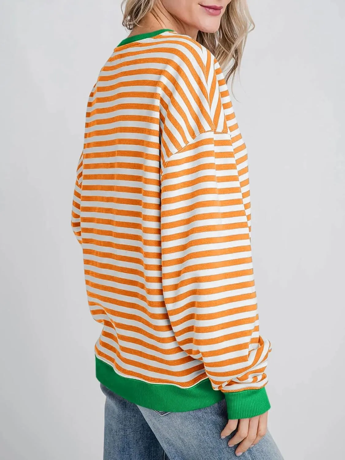 Thatrich Oversized Sweatshirts for Women Striped Crewneck Pullovers Casual Loose Long Sleeve Shirts Trendy Outfits for Fall