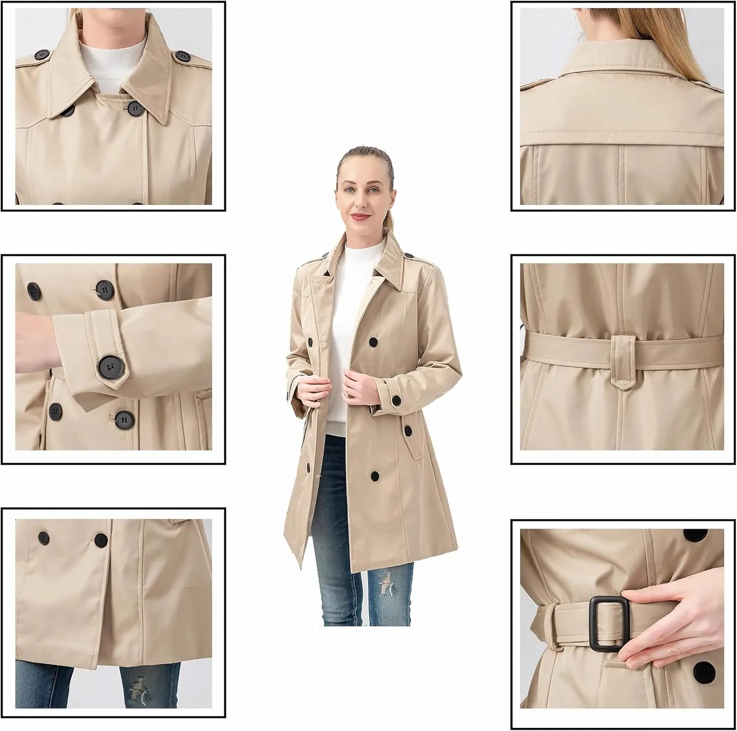 TRATENBY Women's Trench Coat Long Double Breasted Peacoat for Outerwear Trench Knee Length