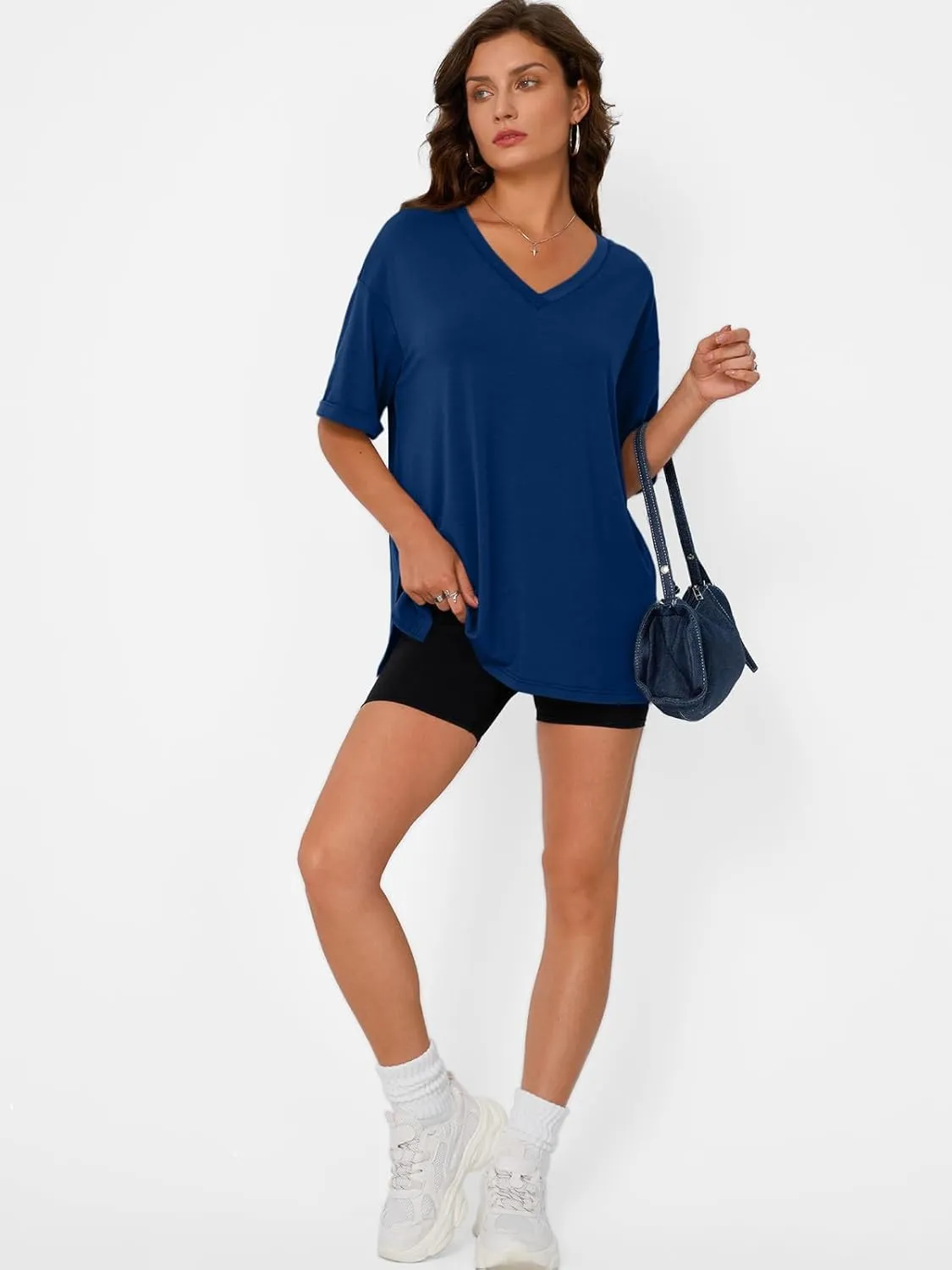 Trendy Queen Oversized Tshirts for Women Workout Plus Size Tops V Neck Short Sleeve Gym Shirts Casual Loose Fit Basic Tees