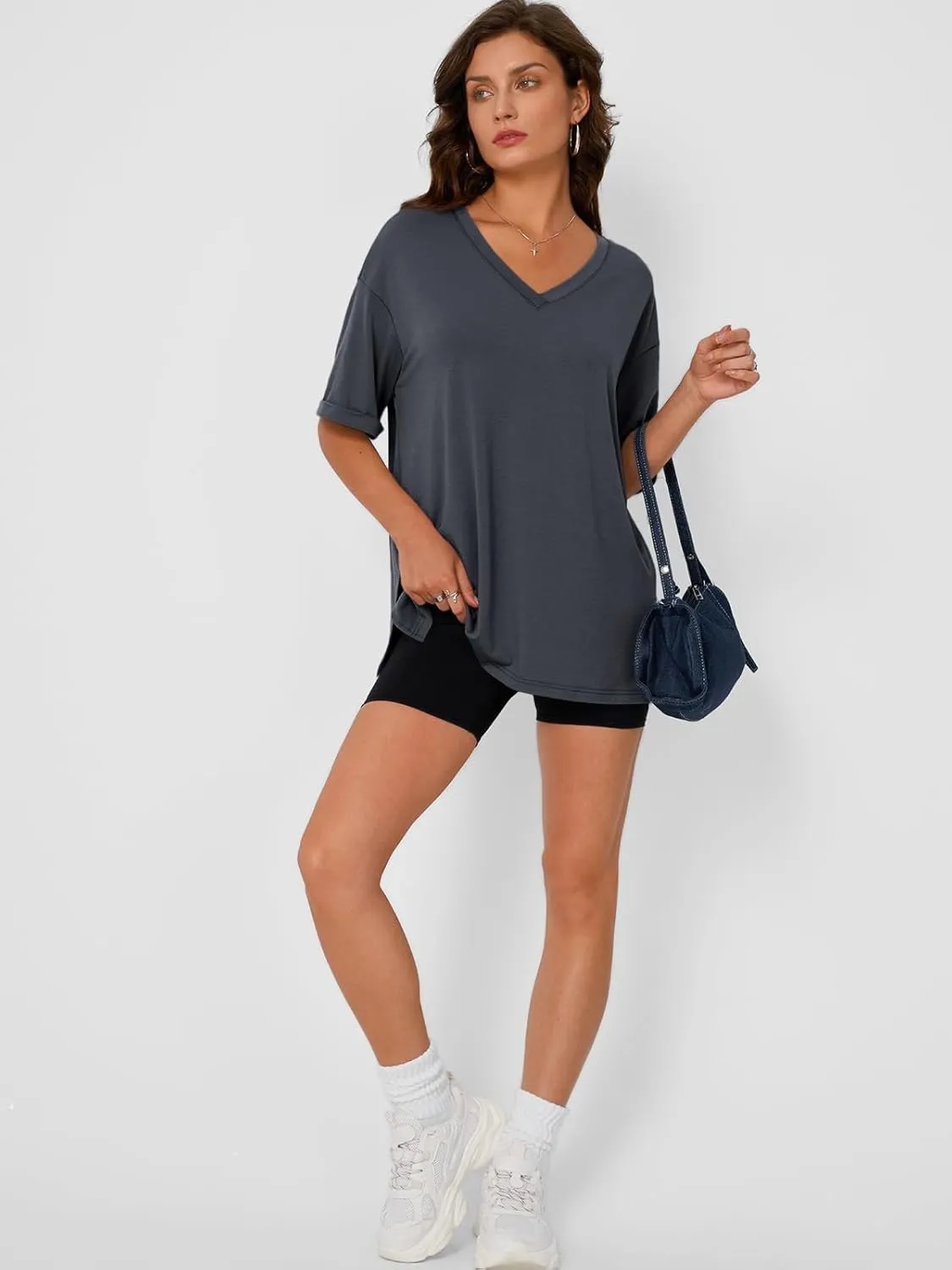 Trendy Queen Oversized Tshirts for Women Workout Plus Size Tops V Neck Short Sleeve Gym Shirts Casual Loose Fit Basic Tees