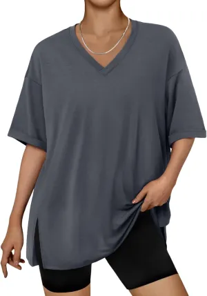 Trendy Queen Oversized Tshirts for Women Workout Plus Size Tops V Neck Short Sleeve Gym Shirts Casual Loose Fit Basic Tees
