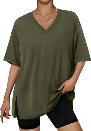Trendy Queen Oversized Tshirts for Women Workout Plus Size Tops V Neck Short Sleeve Gym Shirts Casual Loose Fit Basic Tees