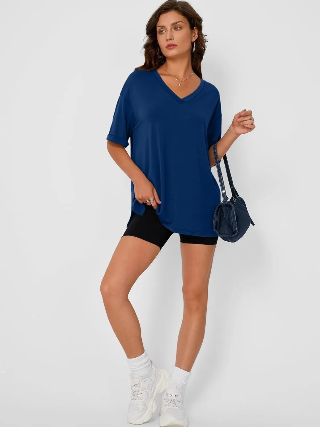 Trendy Queen Oversized Tshirts for Women Workout Plus Size Tops V Neck Short Sleeve Gym Shirts Casual Loose Fit Basic Tees