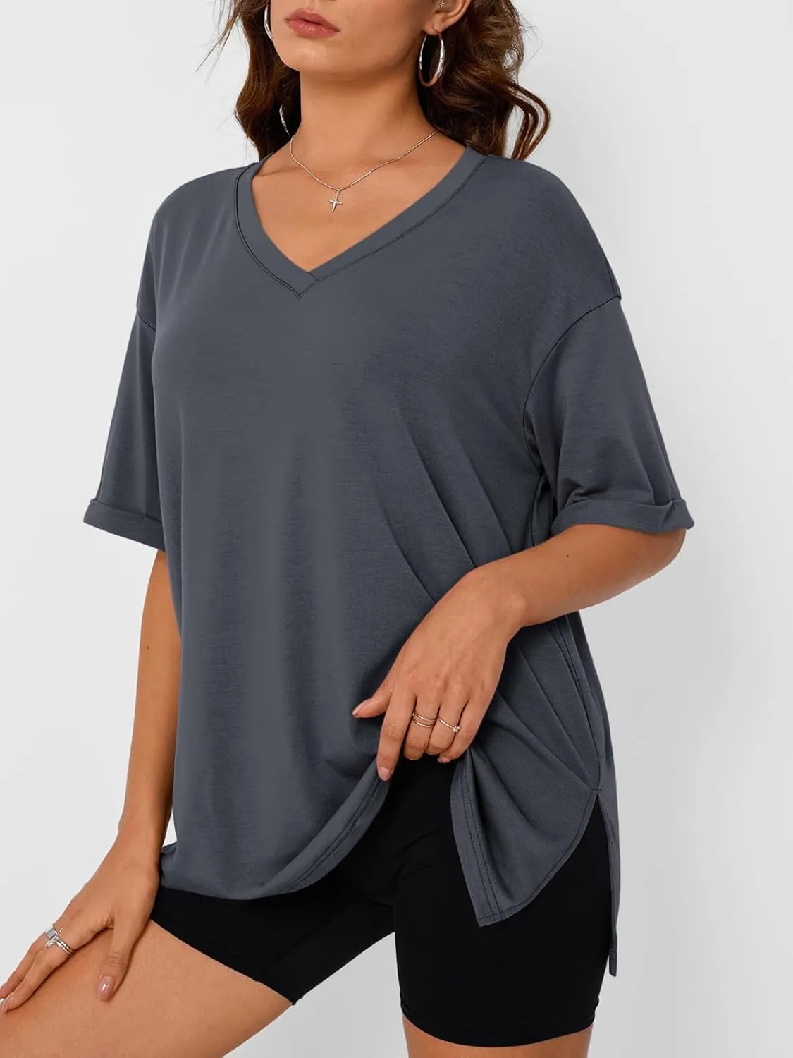 Trendy Queen Oversized Tshirts for Women Workout Plus Size Tops V Neck Short Sleeve Gym Shirts Casual Loose Fit Basic Tees