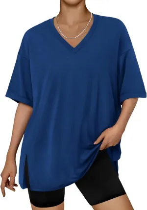 Trendy Queen Oversized Tshirts for Women Workout Plus Size Tops V Neck Short Sleeve Gym Shirts Casual Loose Fit Basic Tees