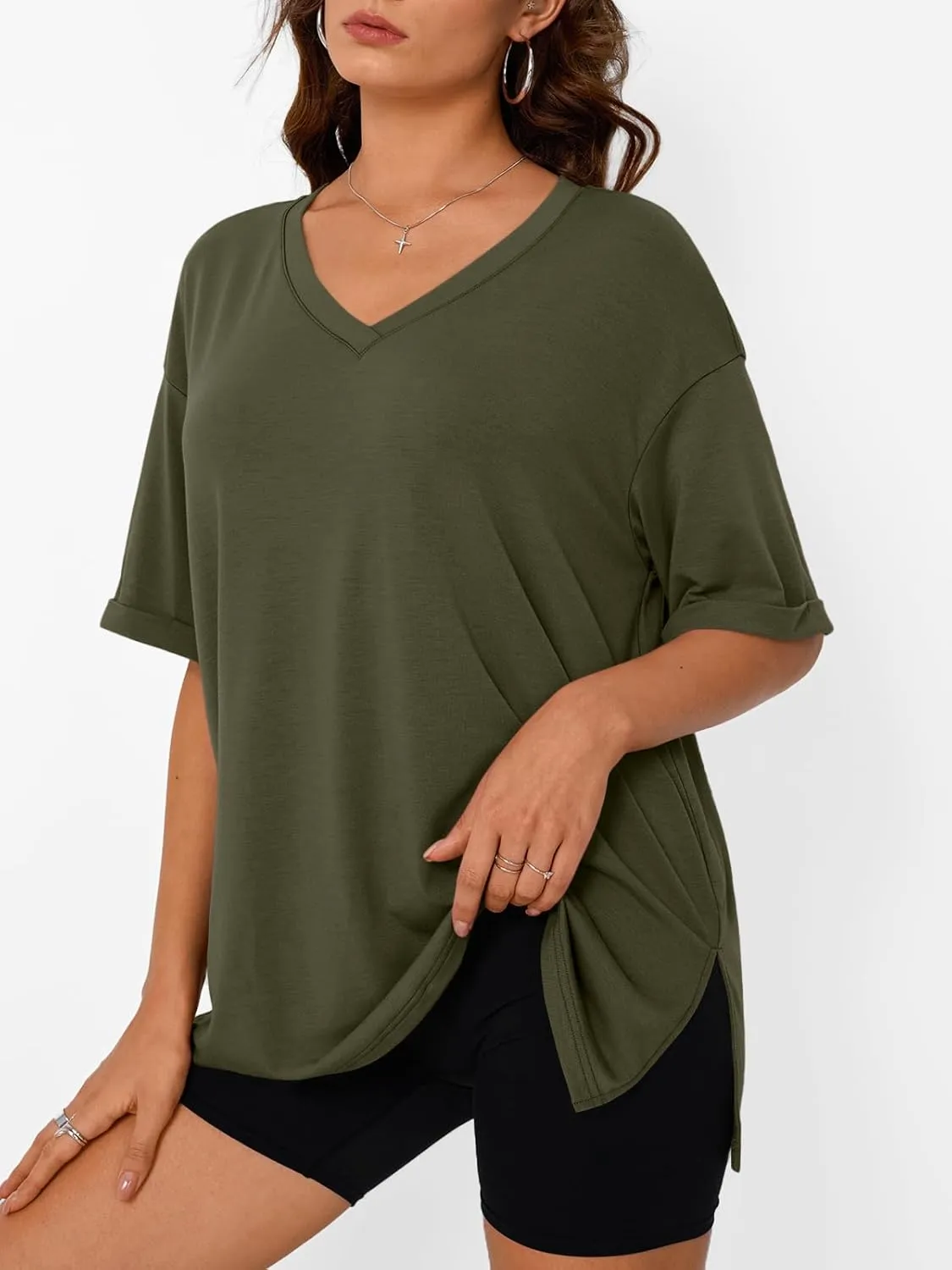 Trendy Queen Oversized Tshirts for Women Workout Plus Size Tops V Neck Short Sleeve Gym Shirts Casual Loose Fit Basic Tees