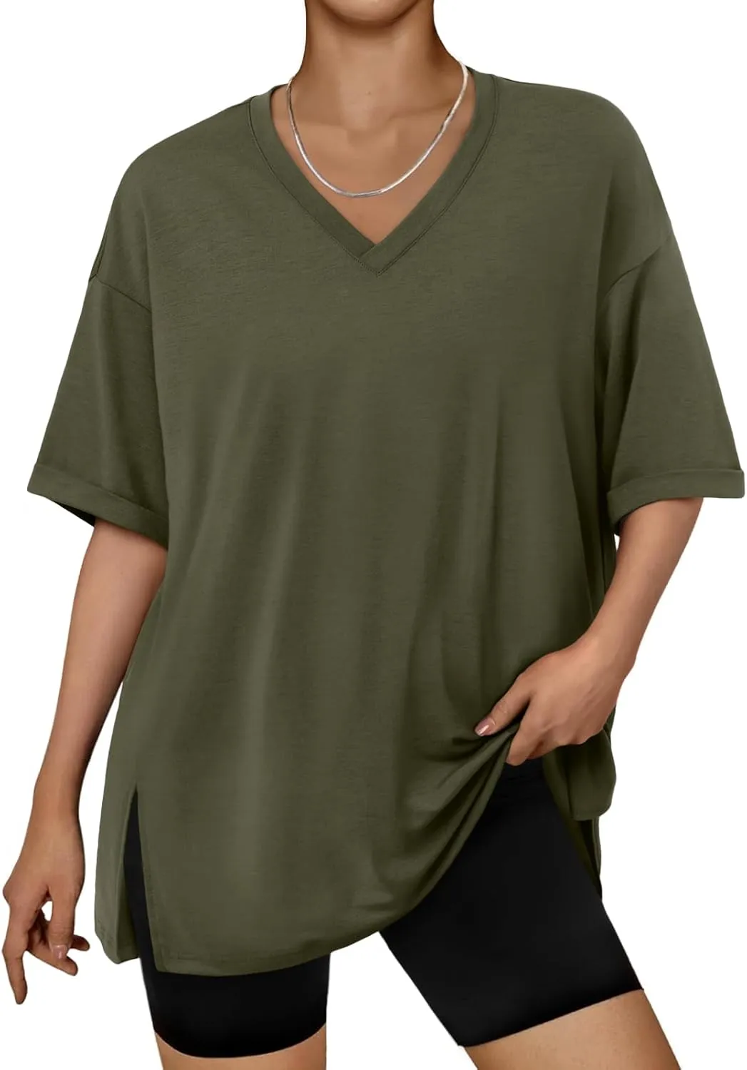 Trendy Queen Oversized Tshirts for Women Workout Plus Size Tops V Neck Short Sleeve Gym Shirts Casual Loose Fit Basic Tees