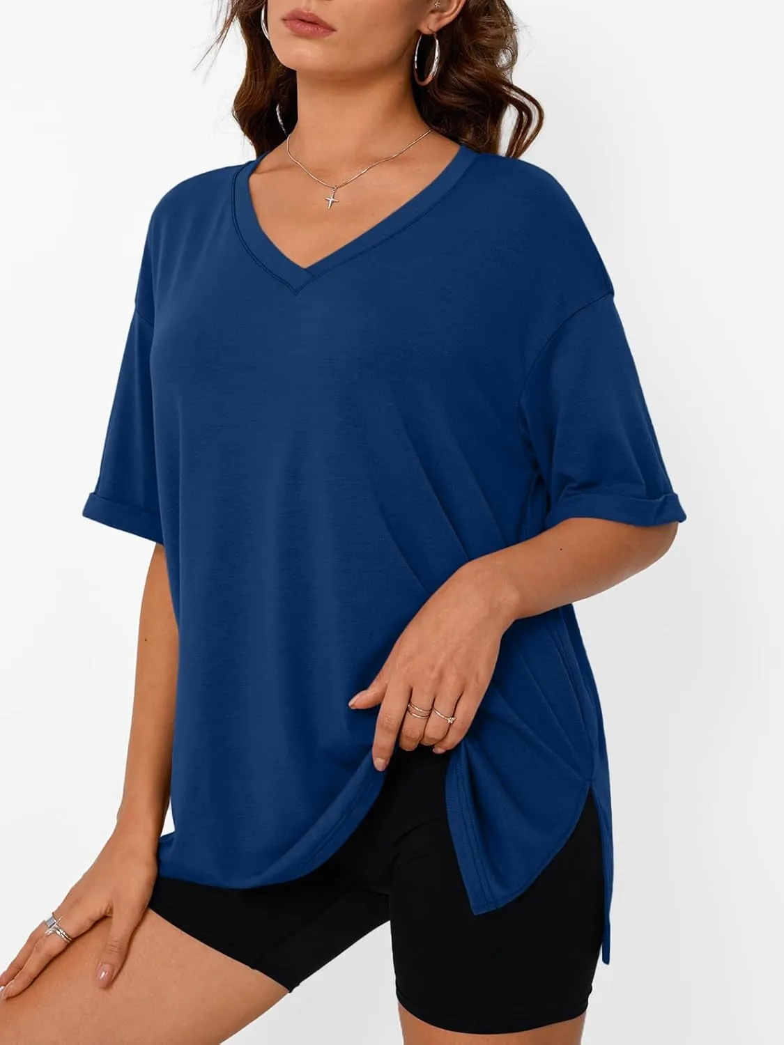 Trendy Queen Oversized Tshirts for Women Workout Plus Size Tops V Neck Short Sleeve Gym Shirts Casual Loose Fit Basic Tees