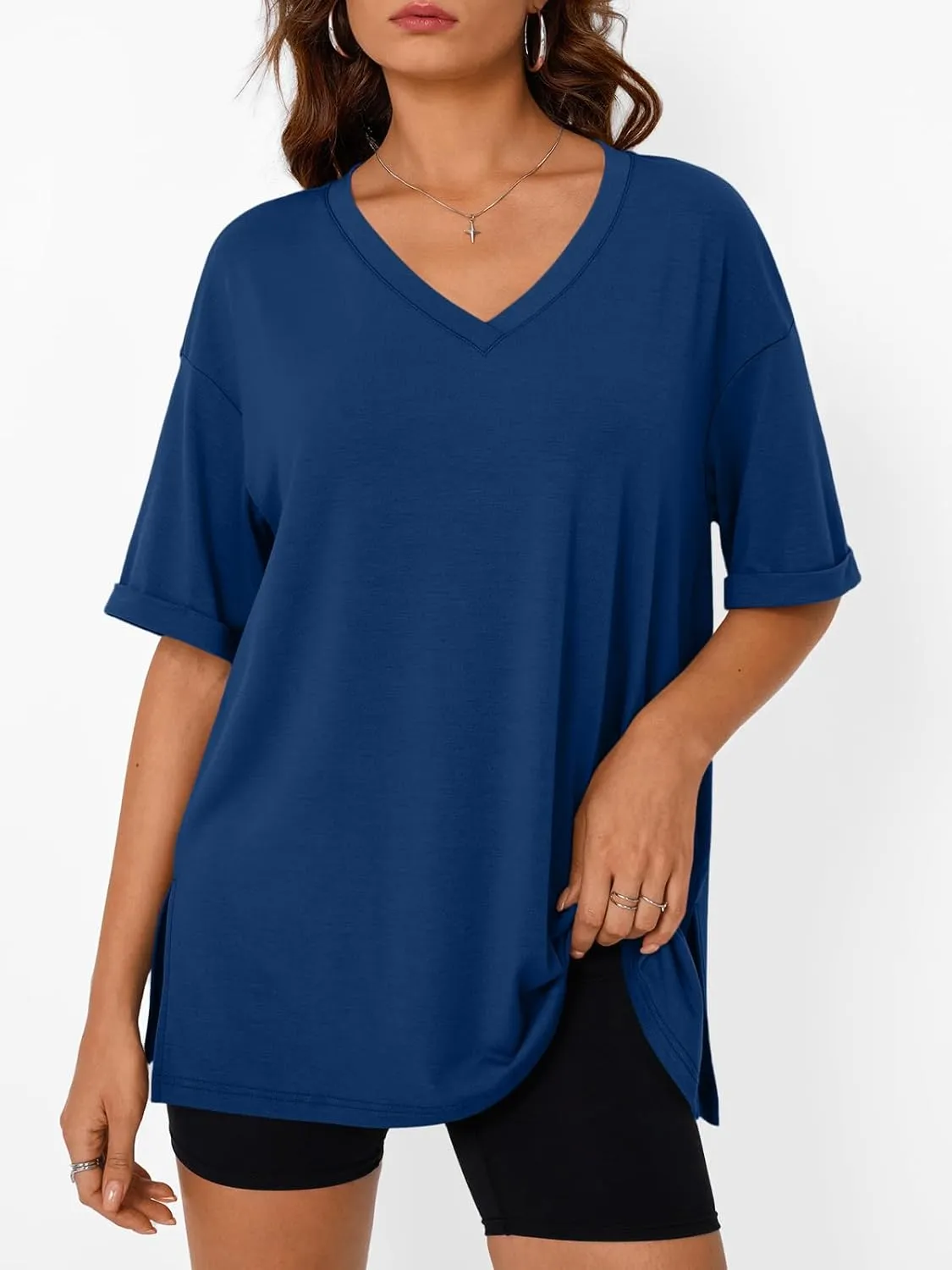 Trendy Queen Oversized Tshirts for Women Workout Plus Size Tops V Neck Short Sleeve Gym Shirts Casual Loose Fit Basic Tees