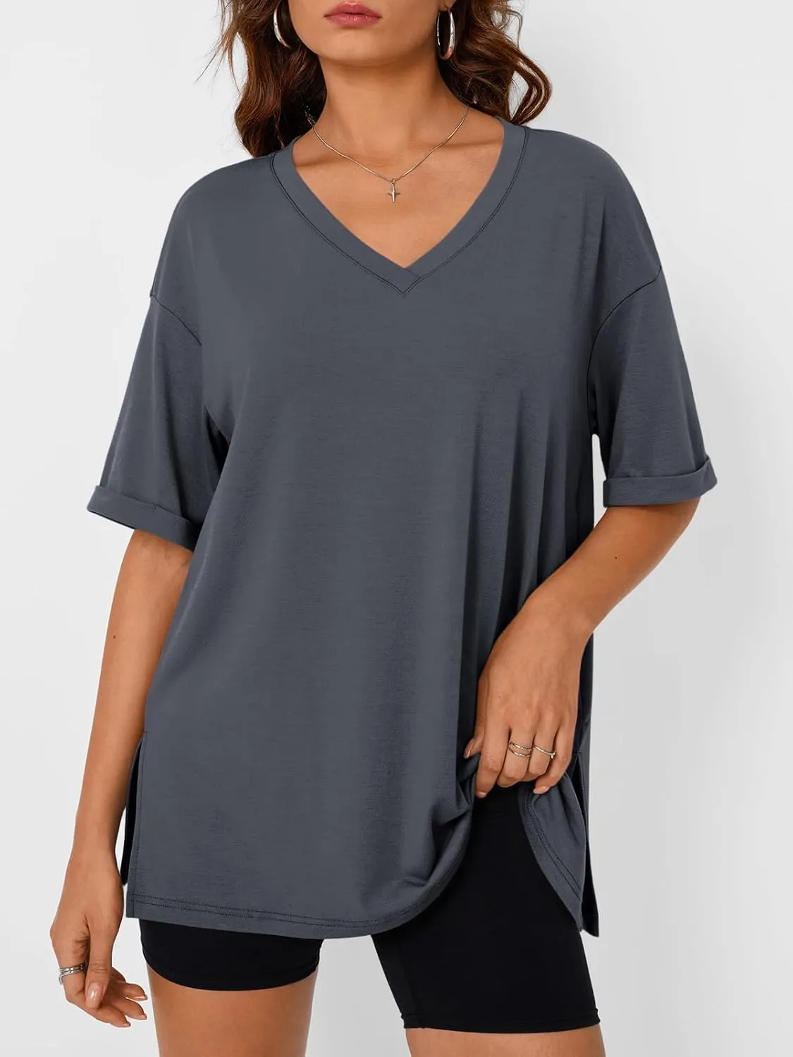 Trendy Queen Oversized Tshirts for Women Workout Plus Size Tops V Neck Short Sleeve Gym Shirts Casual Loose Fit Basic Tees