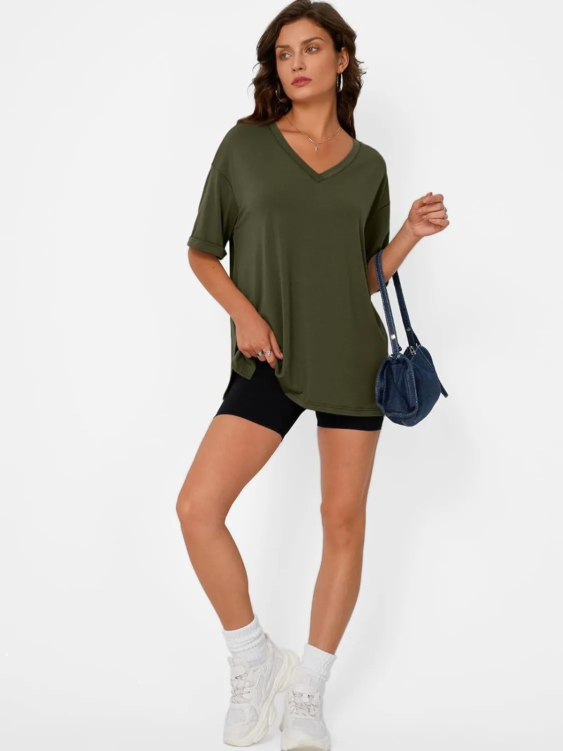 Trendy Queen Oversized Tshirts for Women Workout Plus Size Tops V Neck Short Sleeve Gym Shirts Casual Loose Fit Basic Tees