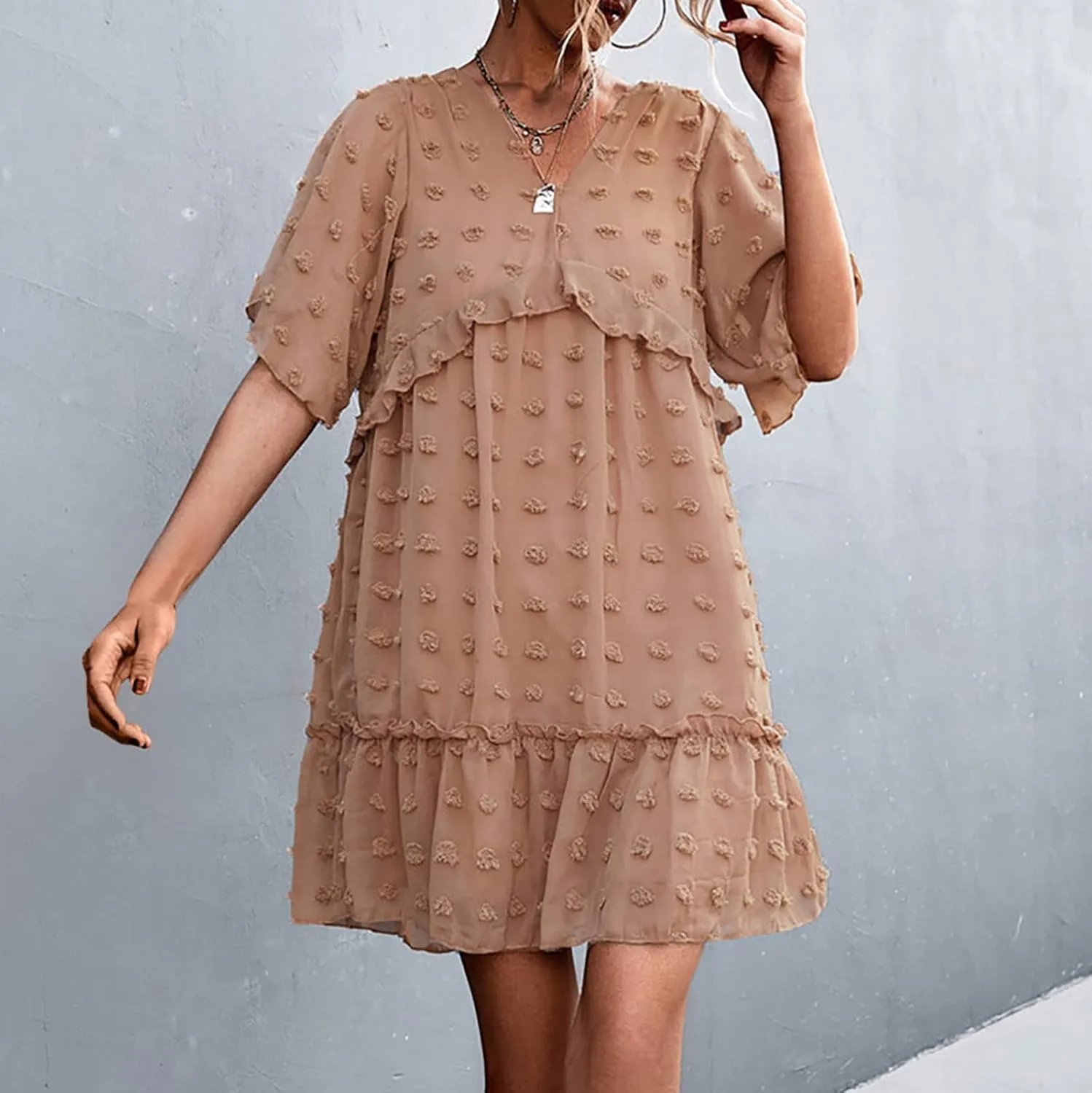 tuduoms Swiss Dot Dress Womens Summer Flowy Chiffon Shift Babydoll Dress V Neck Beach Casual Loose Ruffle Short Mini Dresses