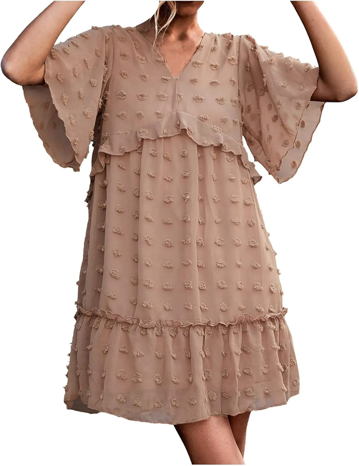 tuduoms Swiss Dot Dress Womens Summer Flowy Chiffon Shift Babydoll Dress V Neck Beach Casual Loose Ruffle Short Mini Dresses