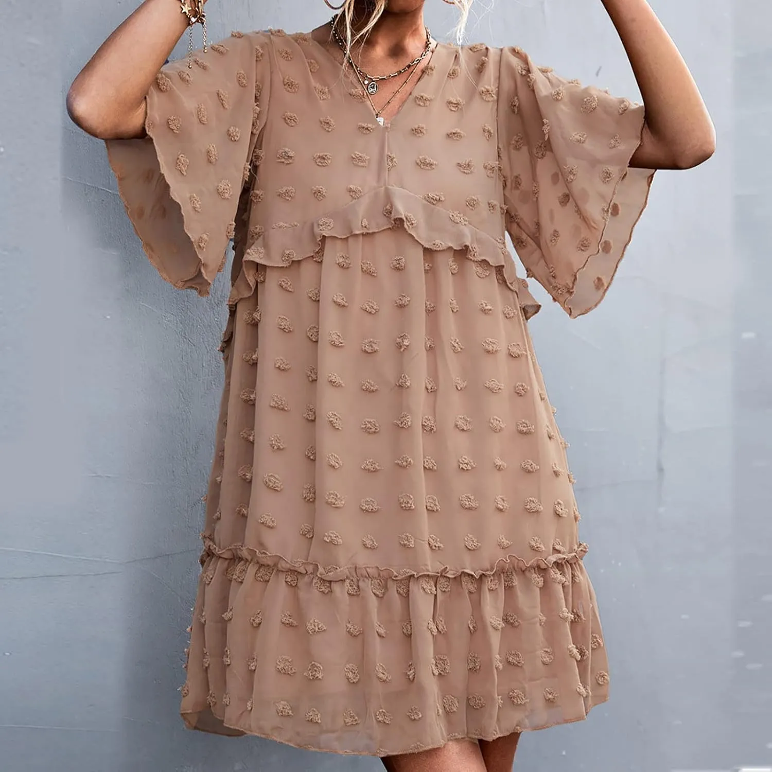 tuduoms Swiss Dot Dress Womens Summer Flowy Chiffon Shift Babydoll Dress V Neck Beach Casual Loose Ruffle Short Mini Dresses
