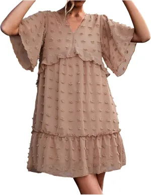 tuduoms Swiss Dot Dress Womens Summer Flowy Chiffon Shift Babydoll Dress V Neck Beach Casual Loose Ruffle Short Mini Dresses