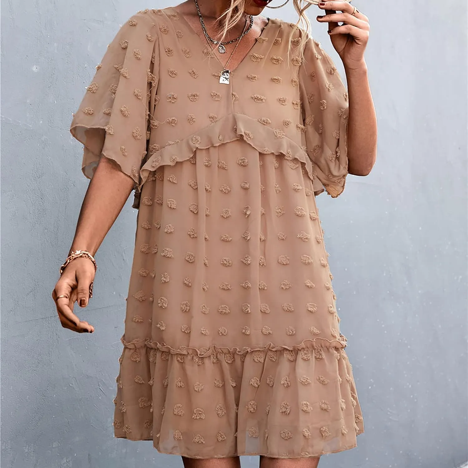 tuduoms Swiss Dot Dress Womens Summer Flowy Chiffon Shift Babydoll Dress V Neck Beach Casual Loose Ruffle Short Mini Dresses