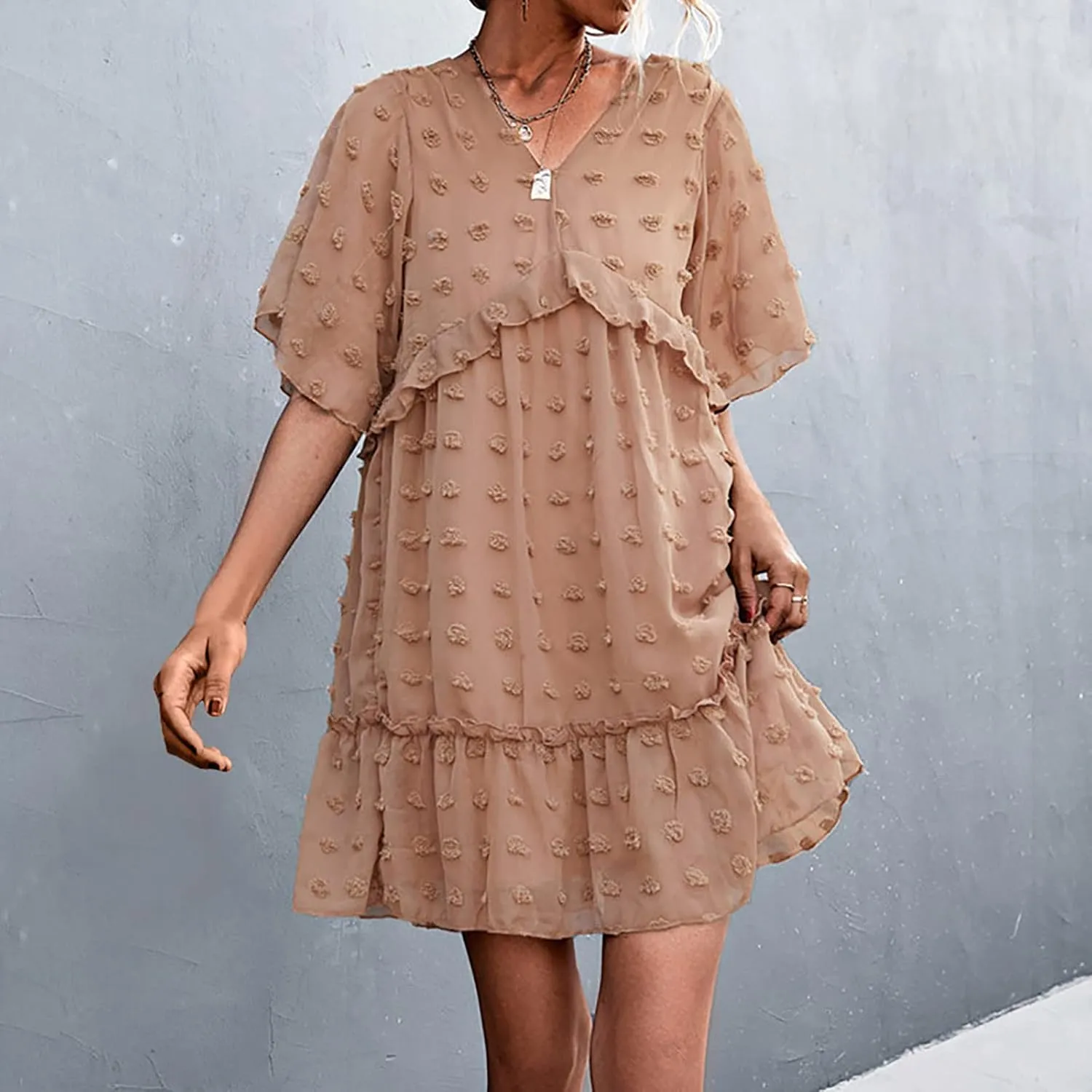 tuduoms Swiss Dot Dress Womens Summer Flowy Chiffon Shift Babydoll Dress V Neck Beach Casual Loose Ruffle Short Mini Dresses