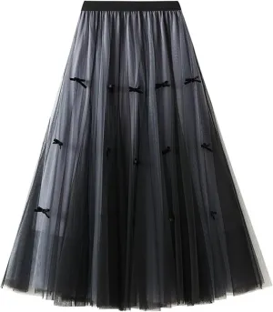 Tulle Skirts for Women, High Waist Double-Layered Mesh Pleated Midi Skirts