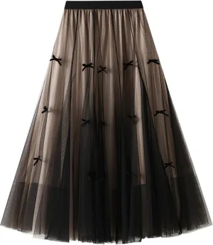 Tulle Skirts for Women, High Waist Double-Layered Mesh Pleated Midi Skirts