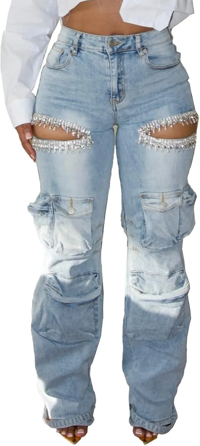 Unybwonn Women Rhinestone Cargo Jeans High Waisted Baggy Sexy Sparkly Cut Out Ripped Distressed Stretchy Denim Pants