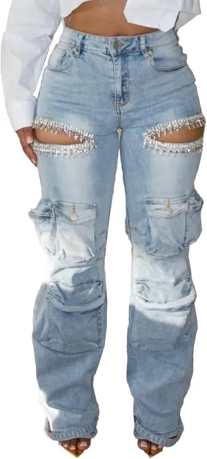 Unybwonn Women Rhinestone Cargo Jeans High Waisted Baggy Sexy Sparkly Cut Out Ripped Distressed Stretchy Denim Pants