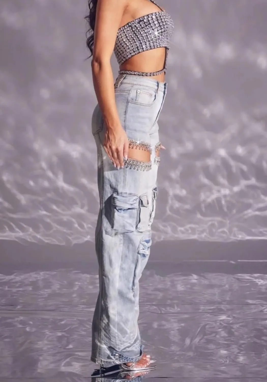 Unybwonn Women Rhinestone Cargo Jeans High Waisted Baggy Sexy Sparkly Cut Out Ripped Distressed Stretchy Denim Pants