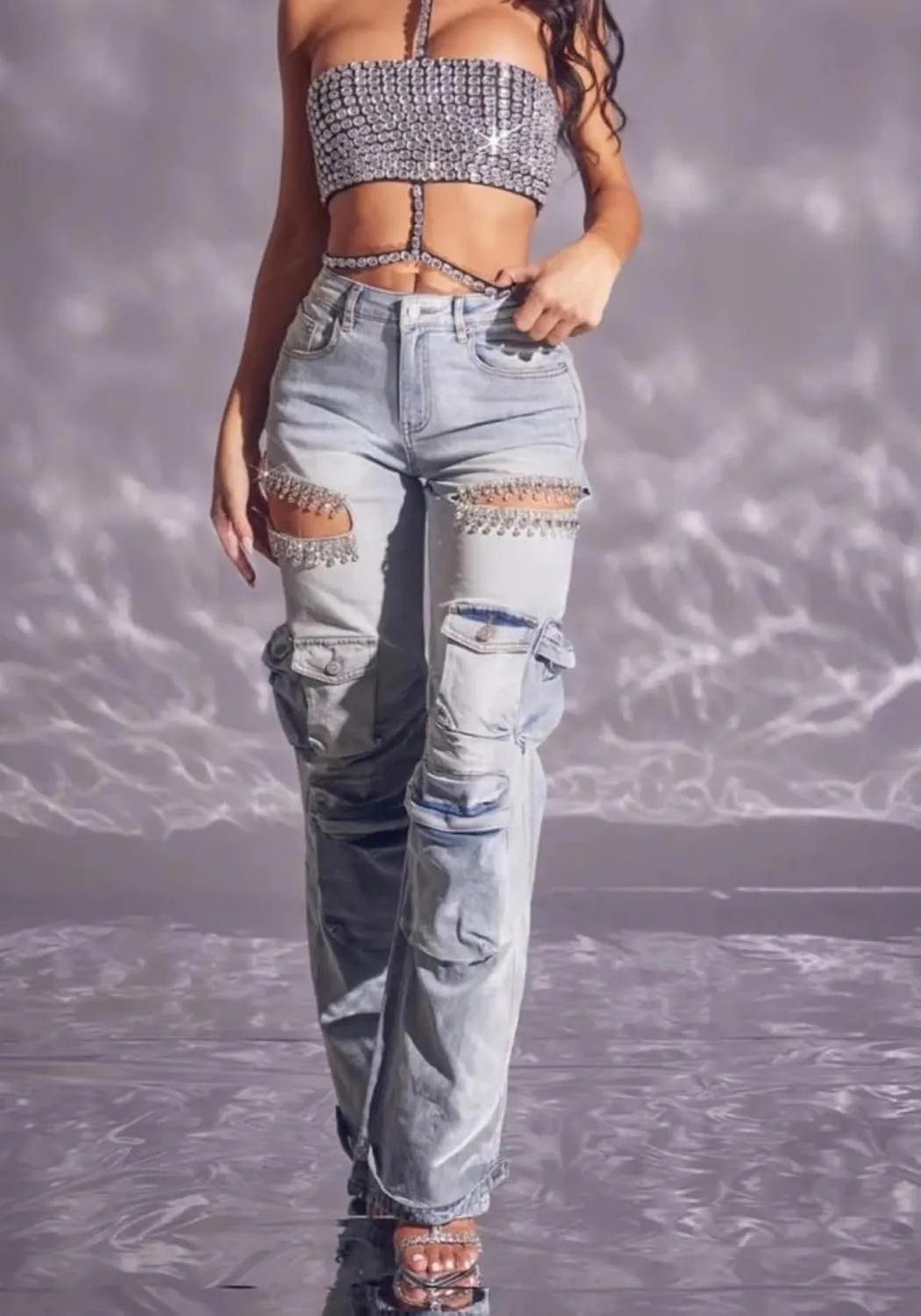 Unybwonn Women Rhinestone Cargo Jeans High Waisted Baggy Sexy Sparkly Cut Out Ripped Distressed Stretchy Denim Pants
