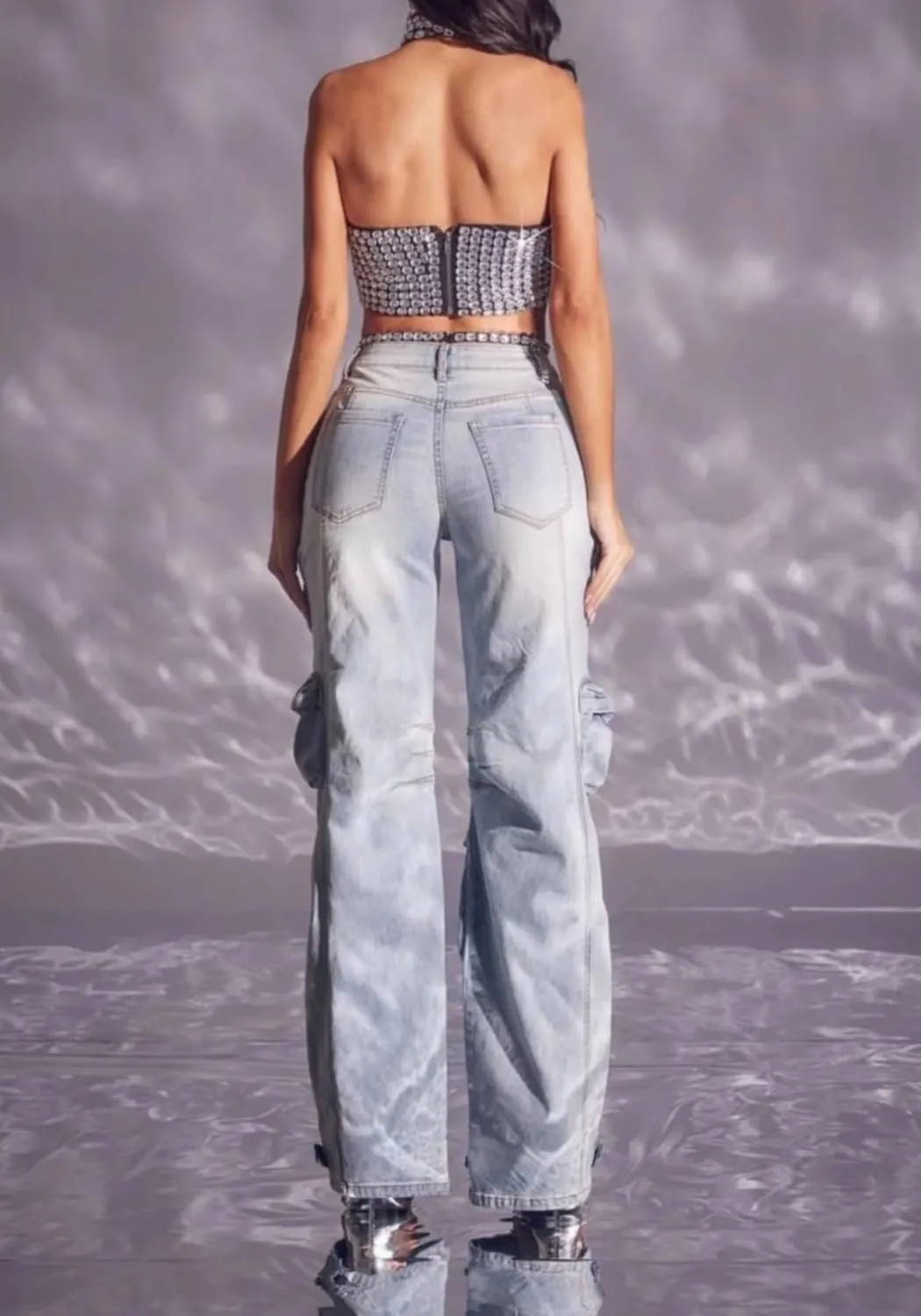 Unybwonn Women Rhinestone Cargo Jeans High Waisted Baggy Sexy Sparkly Cut Out Ripped Distressed Stretchy Denim Pants