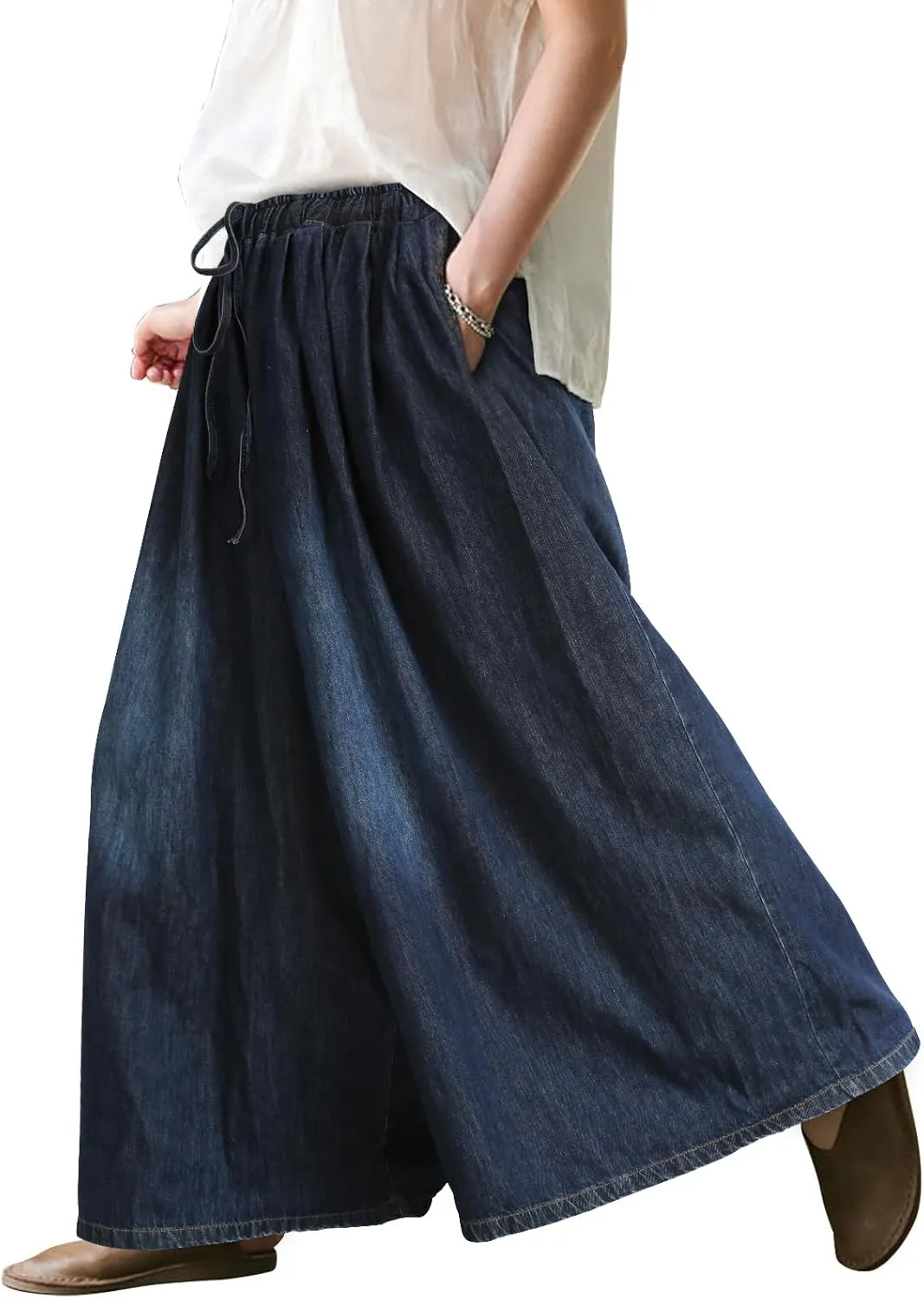 UQJE Women's Wide Leg Baggy Jeans Plus Size Loose Elastic Waist Denim Pants with Deep Pockets Light Blue