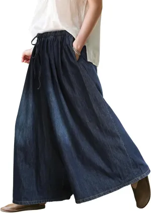 UQJE Women's Wide Leg Baggy Jeans Plus Size Loose Elastic Waist Denim Pants with Deep Pockets Light Blue