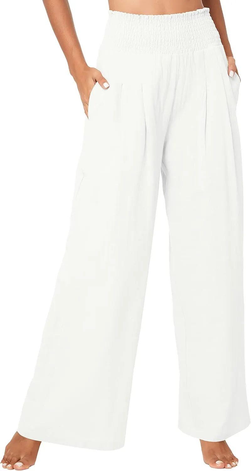 Urban CoCo Women's Elastic High Waist Light Weight Loose Casual Wide Leg Trousers Long Pants with Pocket