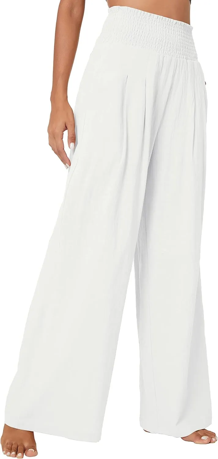 Urban CoCo Women's Elastic High Waist Light Weight Loose Casual Wide Leg Trousers Long Pants with Pocket