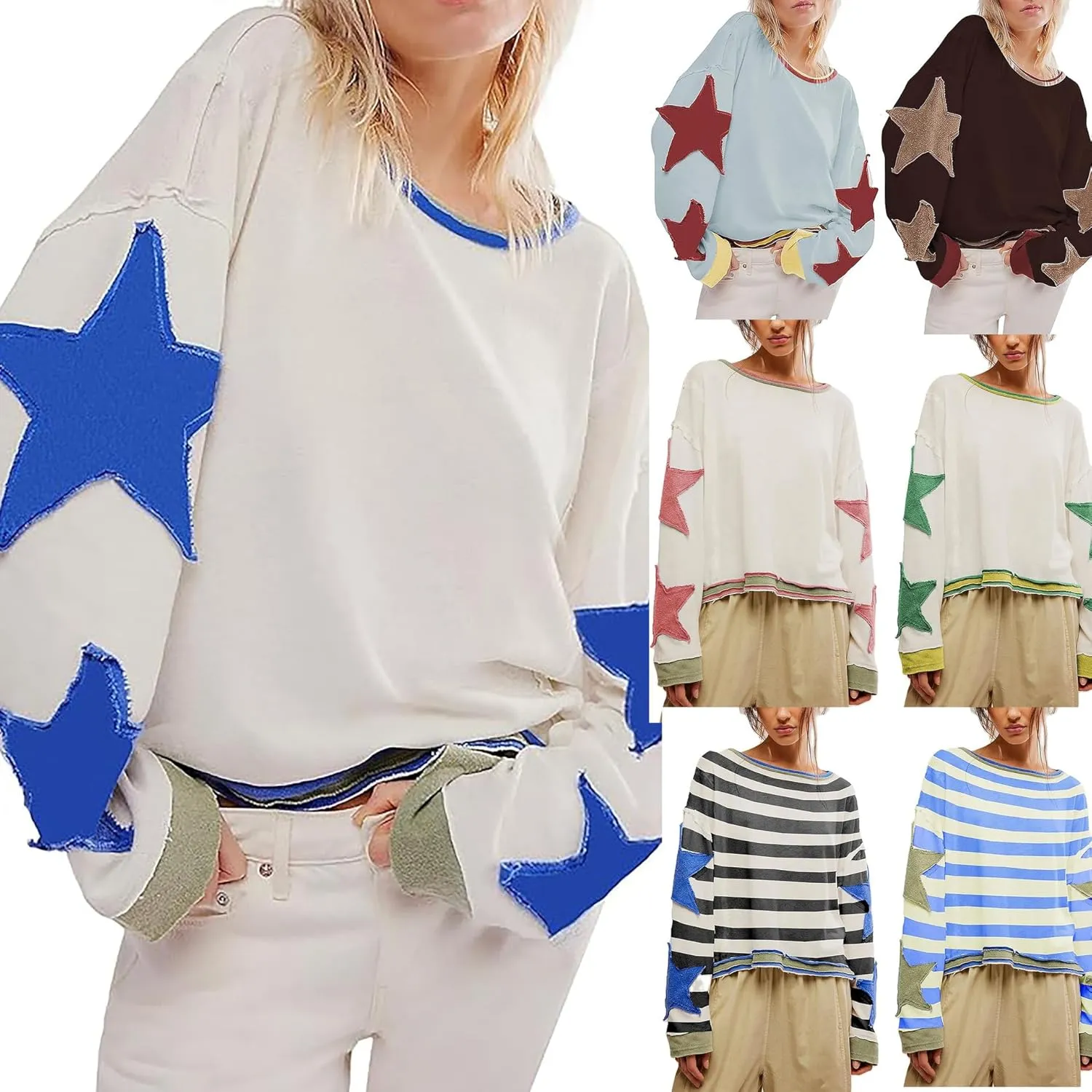 utcoco Oversized Sweatshirt for Women Star Patches Crew Neck Long Sleeve Shirts Hoodies Fashion Y2K Tops