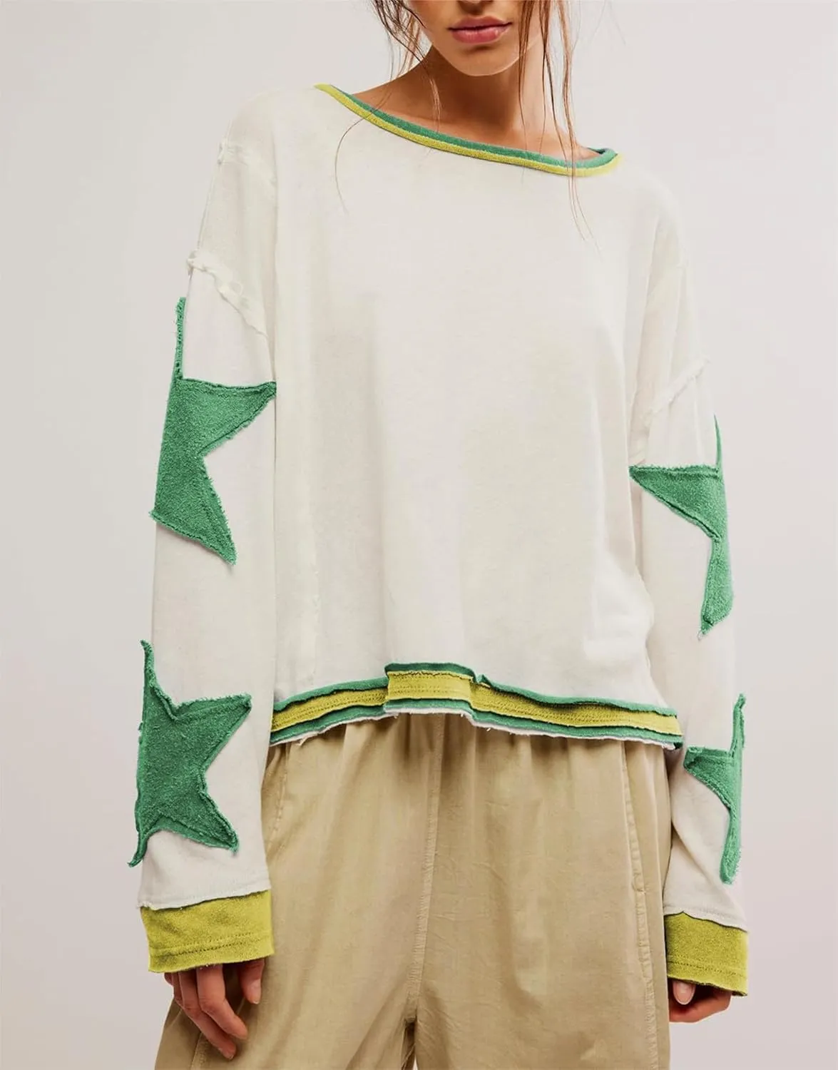 utcoco Oversized Sweatshirt for Women Star Patches Crew Neck Long Sleeve Shirts Hoodies Fashion Y2K Tops