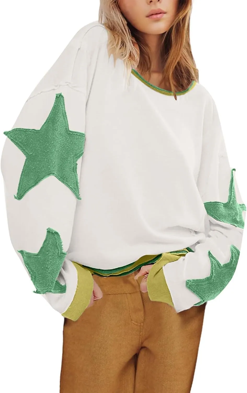 utcoco Oversized Sweatshirt for Women Star Patches Crew Neck Long Sleeve Shirts Hoodies Fashion Y2K Tops