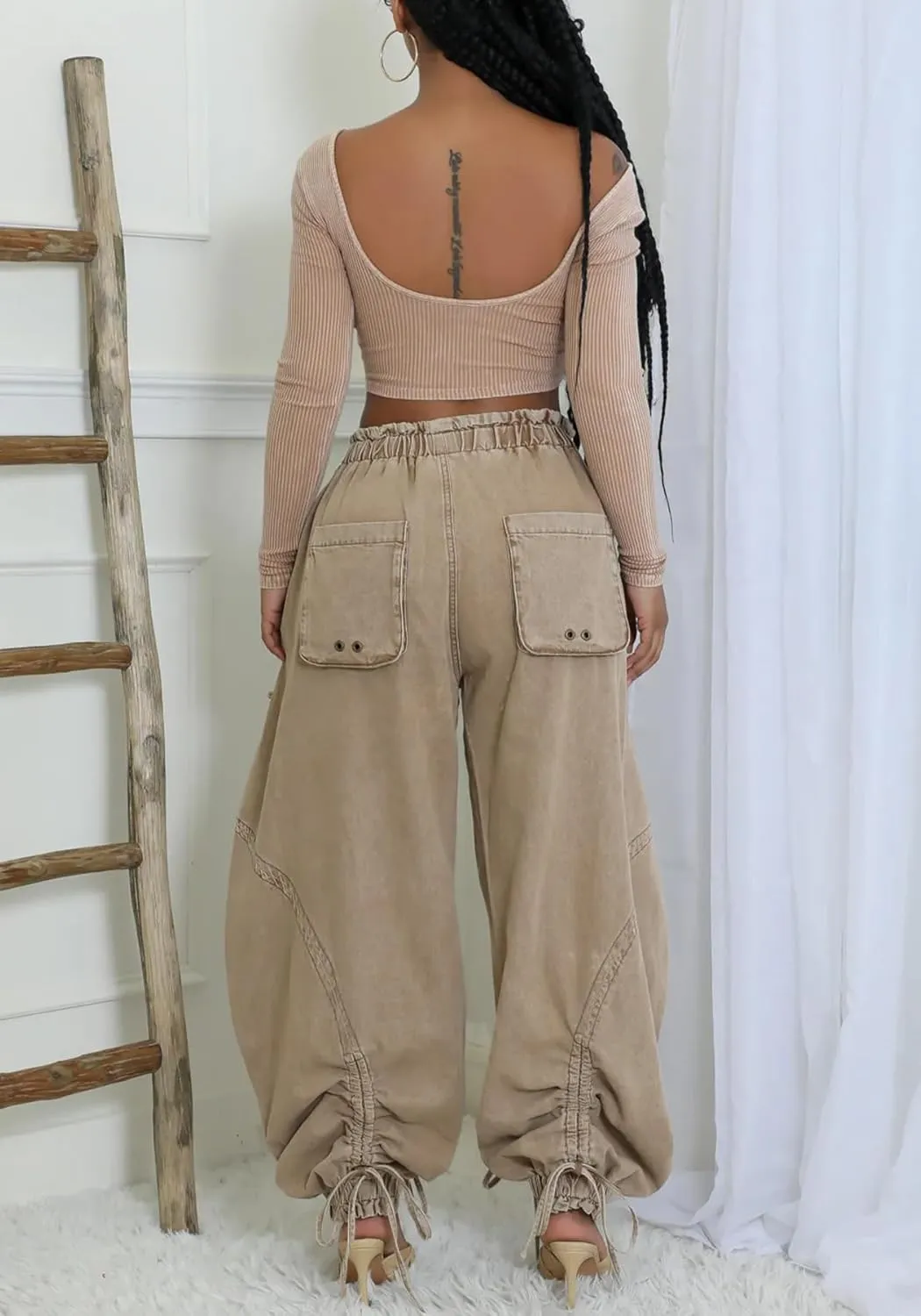 Vakkest Wide Leg Baggy Jeans for Women Elastic Waist Pleated Drawstring Denim Harem Pants Casual Loose Cropped Trousers