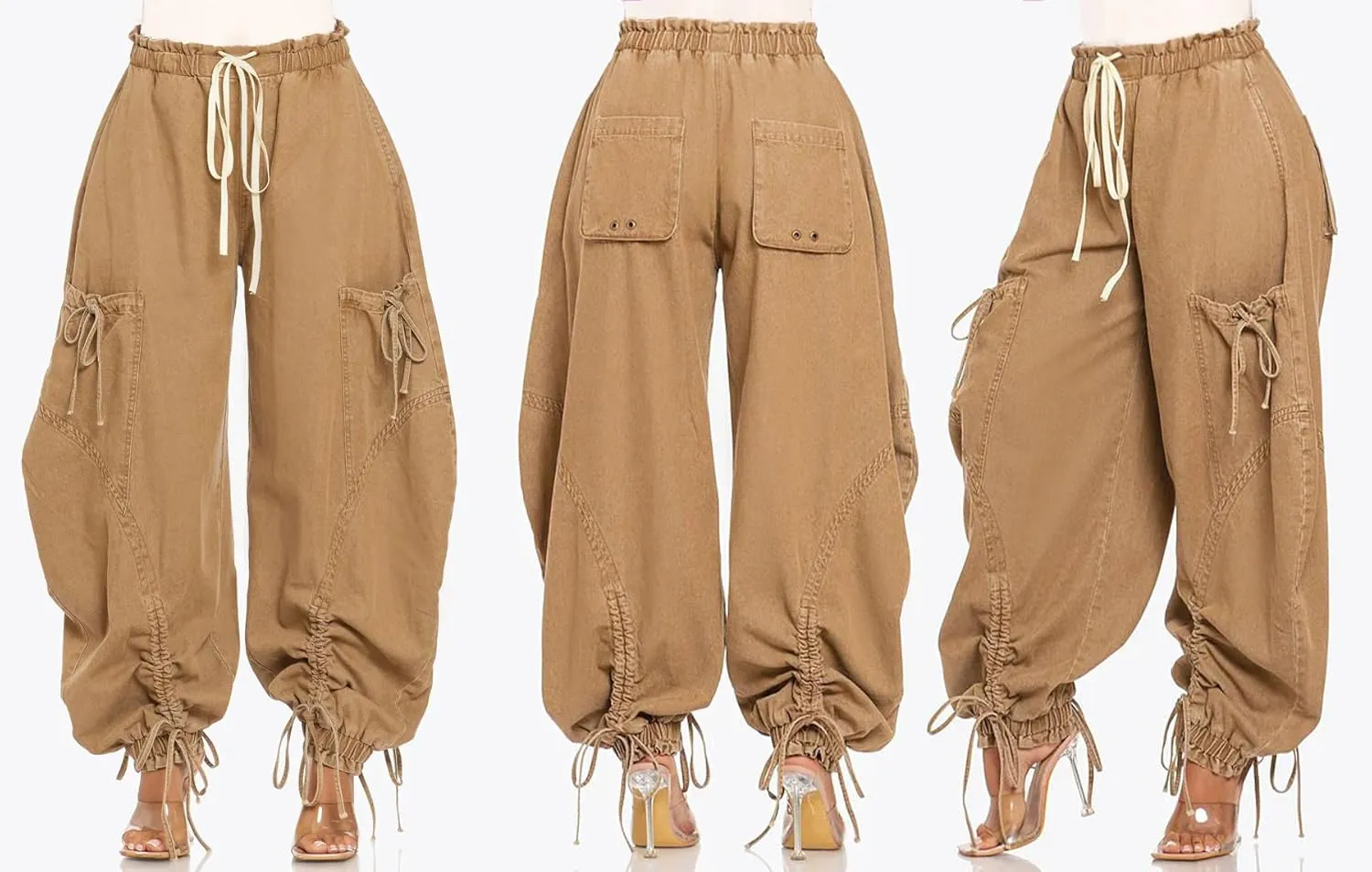 Vakkest Wide Leg Baggy Jeans for Women Elastic Waist Pleated Drawstring Denim Harem Pants Casual Loose Cropped Trousers